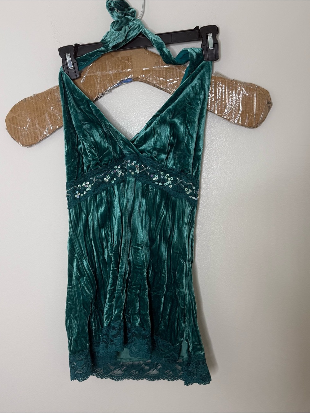 Mix It Large Teal Turquoise Halter Top Tie Sequin Lace Trim Bejeweled Y2K